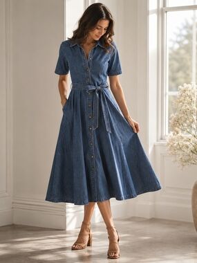 Free Market Classic Blue Denim Midi Shirt Dress with Tie Waist Sz L NWT